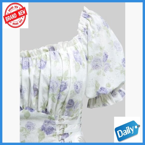 Plus Size Midi Dress with Square Neck Ruffles Floral Print Cottagecore Summer - Picture 2 of 6